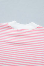 Pink Stripe Cuffed Sleeve Contrast Mock Neck Tee Casual 2pcs Short Set