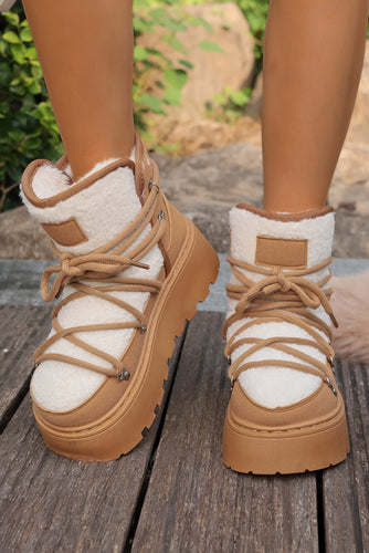Camel Sherpa PU Leather Patchwork Lace-up Thick Bottom Snow Boots