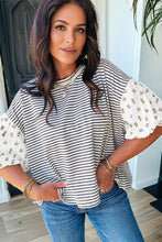 Black Stripe Floral Puff Sleeve Patchwork Round Neck Loose Top