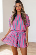 Pink Stripe Dolman Short Sleeve Blouse Drawstring Elastic Waist Loose Short Set