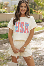 Apricot Patriotic USA Letter Print Textured Short Sleeve Top Drawstring Two Piece Set