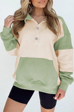 Laurel Green Colorblock Patchwork Buttoned Collar Kangaroo Pocket Sweatshirt