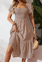 Beige Ditsy Floral Print Smocked Square Neck Ruffle Short Sleeve Dress