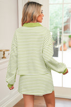 Red Stripe Collared V Neck Drop Shoulder Pullover and Skirt Set