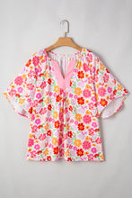 White Floral Print Split V Neck Flounce Sleeve Plus Size Blouse