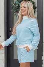 Sky Blue Stripe Oversize Mock Neck Sweatshirt and Shorts Set