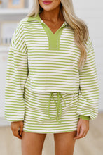 Red Stripe Collared V Neck Drop Shoulder Pullover and Skirt Set