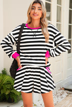 Gray Stripe Contrast Trim Long Sleeve Top and Shorts Set