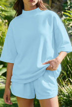 Yellow Cream Solid Color Exposed Seam Mock Neck Oversize Tee Casual Shorts 2pcs Outfit