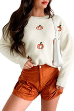 Beige Pumpkin Embroidered Halloween Thanksgiving Festival Sweater
