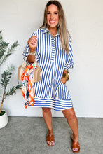 Blue Striped Collared Half Button Side Pockets Loose Fit Mini Dress