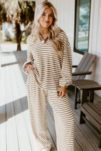 Khaki Stripe Textured Collared Pullover Top and Drawstring Pants Set