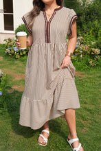 Black Stripe Plus Size Slit V Neck Tiered Flutter Sleeve Maxi Dress