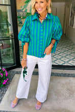 Red Stripe Tie Puff Sleeve Womens Button Down Shirt