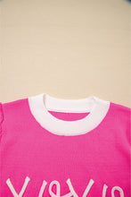Bright Pink XOXO Embroidered Graphic Valentines Contrast Trim Crew Neck Short Puff Sleeve Sweater Tee