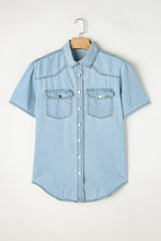 Mist Blue Light Wash Flap Pockets Rounded Hem Denim Blouse