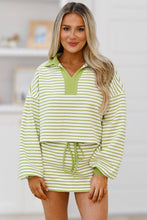 Red Stripe Collared V Neck Drop Shoulder Pullover and Skirt Set