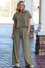 Navy Blue Raw Hem Loose Tee and Wide Leg Pants Set