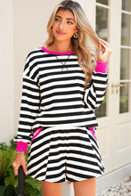 Gray Stripe Contrast Trim Long Sleeve Top and Shorts Set