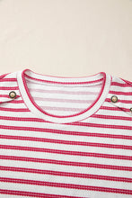 Red Stripe Textured Knit Button Detail Short Sleeve Casual Tee