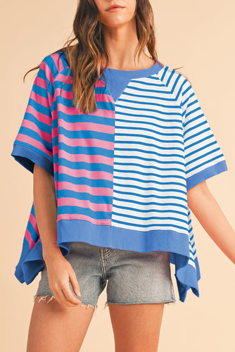 Blue Stripe Contrast Colorblock Oversized T Shirt