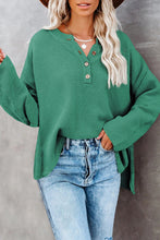 Green Henley Pullover Drop Shoulder Long Sleeve Knit Sweater