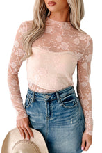White Mock Neck Floral Lace Mesh Long Sleeve Top