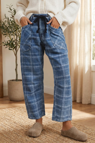 Sky Blue Plaid Denim Grommet Drawstring Waist Ankle-Length Jeans