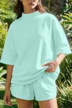 Yellow Cream Solid Color Exposed Seam Mock Neck Oversize Tee Casual Shorts 2pcs Outfit