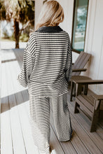 Sky Blue Stripe Textured Collared Pullover Top and Drawstring Pants Set