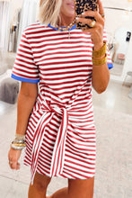 Sky Blue Stripe Nautical Tie Contrast Trim Round Neck T Shirt Mini Dress