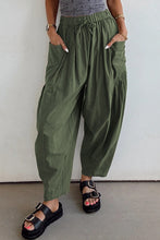 Jungle Green Drawstring Elastic Waist Patch Pocket Barrel Leg Casual Pants