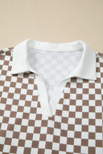 Khaki Checkered Print Polo Collar Long Sleeve Top Drawstring Mini Skirt Set