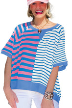 Blue Stripe Contrast Colorblock Oversized T Shirt