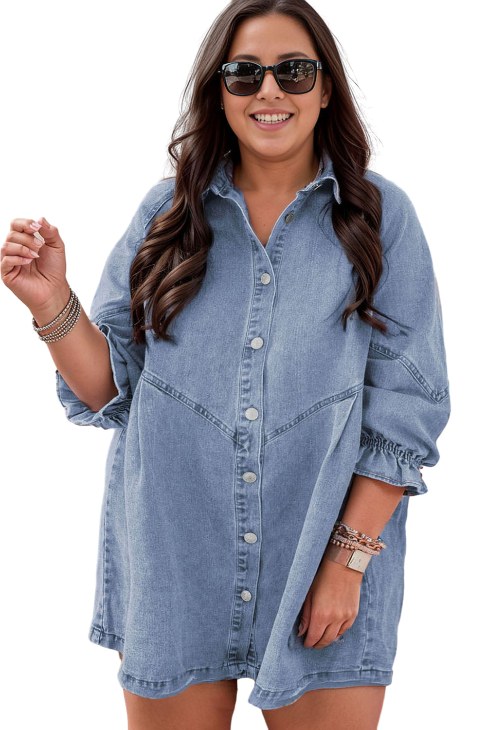 Light Blue Ruffled 3/4 Sleeve Buttoned Front Plus Size Denim Dress The Rusted Nail Boutique Light Blue Ruffled 3/4 Sleeve Buttoned Front Plus Size Denim Dress The Rusted Nail Boutique