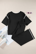 Black Loose Contrast Trim Half Sleeve Top and Drawstring Pants Set