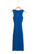 Dark Blue Solid Ribbed Knit Sheath Sleeveless Midi Sweater Dress