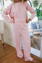 Rose Stripe Drop Shoulder Round Neck Top and Buttoned Straight Pants Two Piece Set