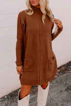 Chestnut Ribbed High Neck Front Pockets Center Seam Shift Sweater Dress