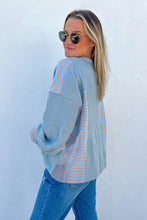 Meadow Mist Green Exposed Seam Waffle Striped Patchwork Baggy Pullover