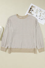 Brown Plus Size Stripe Ribbed Trim Drop Shoulder Long Sleeve Oversized Top