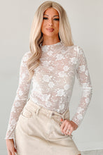 White Mock Neck Floral Lace Mesh Long Sleeve Top