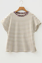 Khaki Stripe Leopard Patchwork Round Neck Loose T Shirt