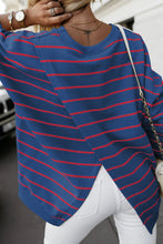 Blue Striped Overlap Detail Drop Shoulder Pullover Sweatshirt