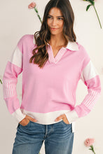 Sky Blue Striped V Neck Collared Colorblock Patchwork Sweater