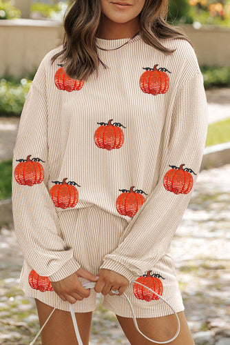 Parchment Twisted Rib Sequin Pumpkin Patched Long Sleeve Pullover and Shorts Set