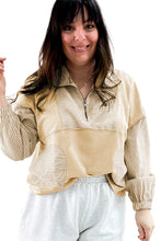Khaki Stripe Patchwork Pocket Plus Size Long Sleeve Top