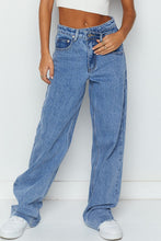 Sky Blue Mid Rise Asymmetrical Waist Wide Leg Jeans