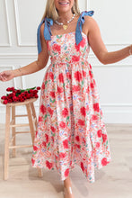 Yellow Floral Print Contrast Stitched Knot Denim Straps High Waist Dress