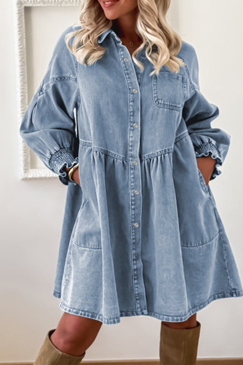 denim smocked mini dress Wholesale MOQ6 Smocked Square Neck Mini Denim Dress